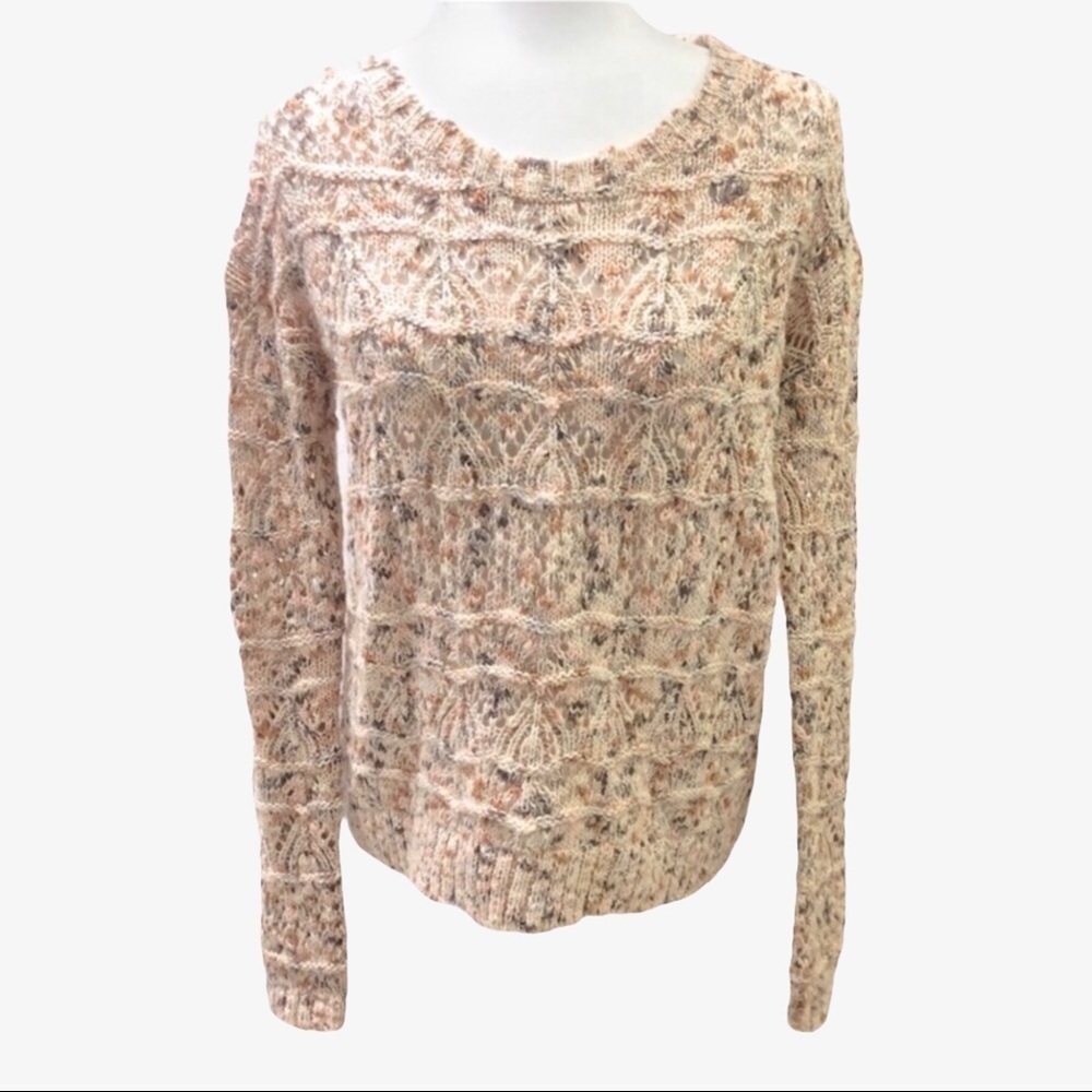 Hinge Open Knit Crewneck Sweater Beige Pink Size XS Long Sleeve
